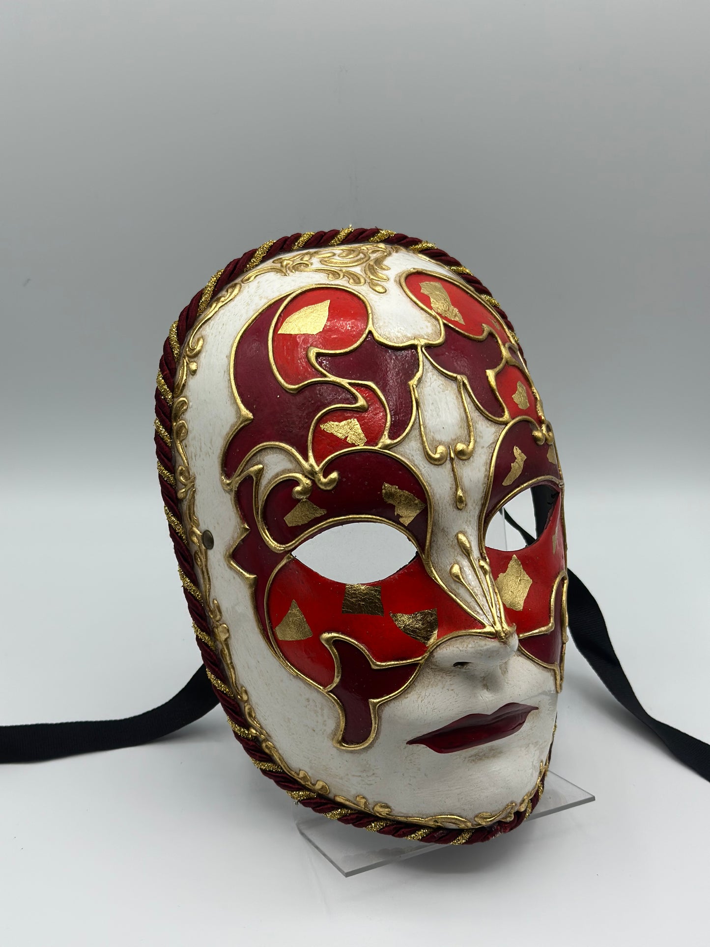 Masque vénitien fait main – Blanc, rouge et or – Masque unique pour carnaval, mascarade et Halloween