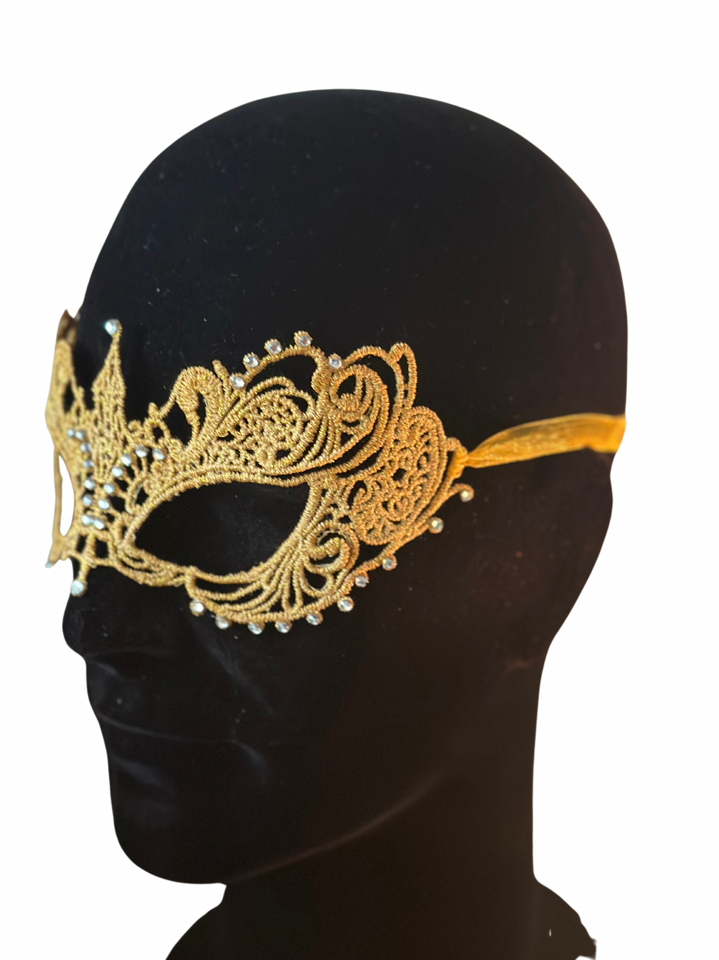Masque vénitien en dentelle dorée avec strass
