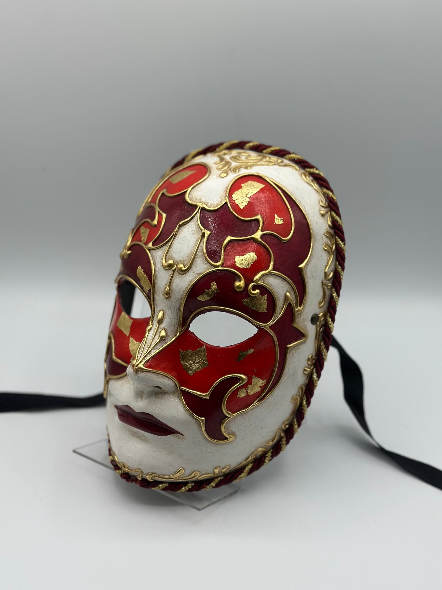 Masque vénitien fait main – Blanc, rouge et or – Masque unique pour carnaval, mascarade et Halloween