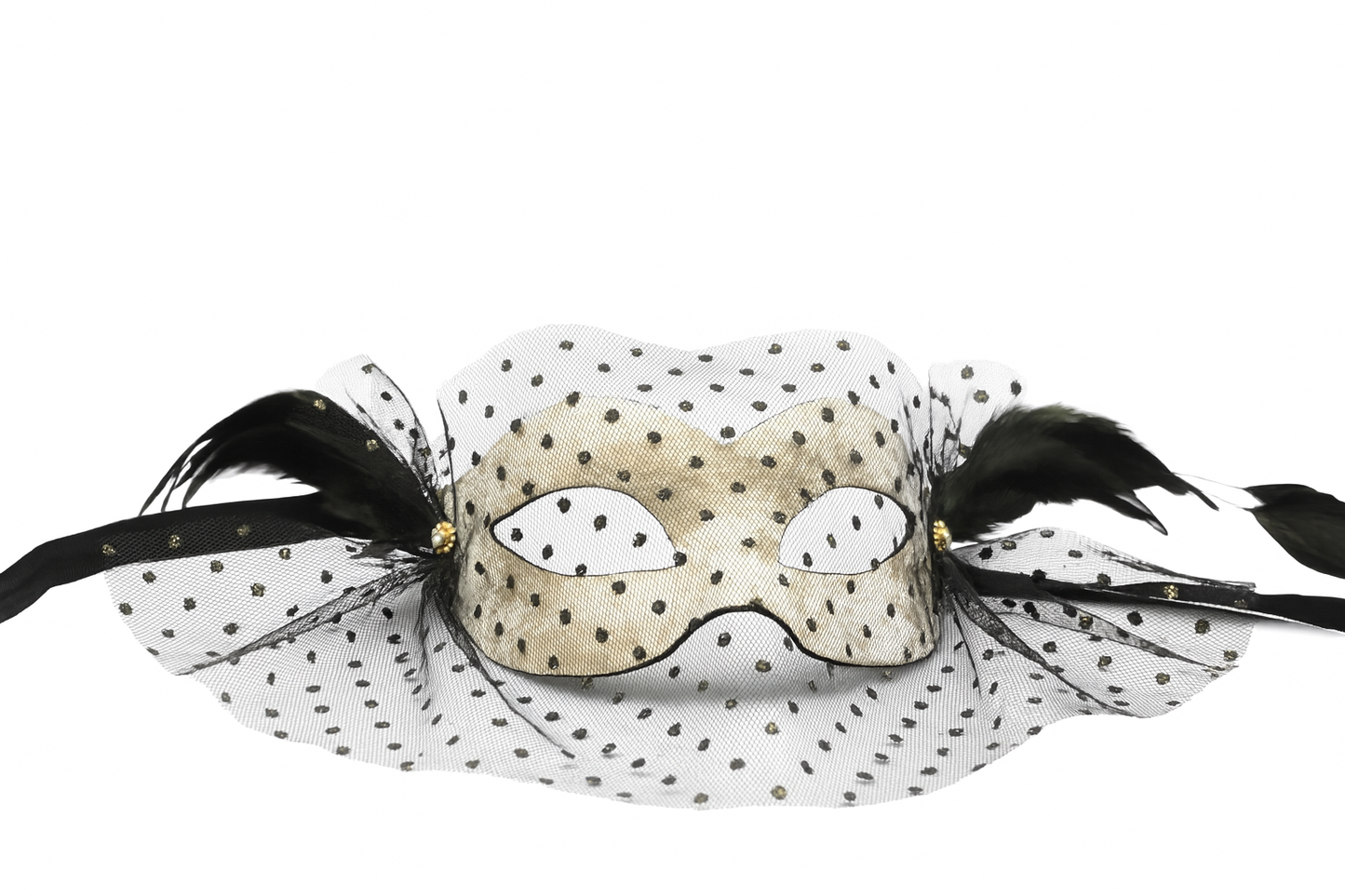 Masque vénitien fait main pour femme – Velours gris argenté avec voile noir et plumes