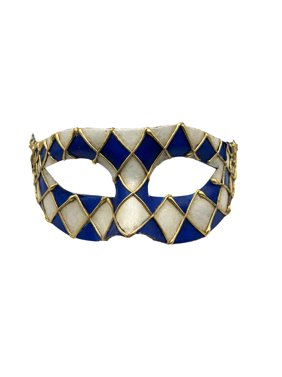 Venetiaans Harlekijn Masker – Blauw & Wit met Gouden Details – Handgemaakt Papier-maché