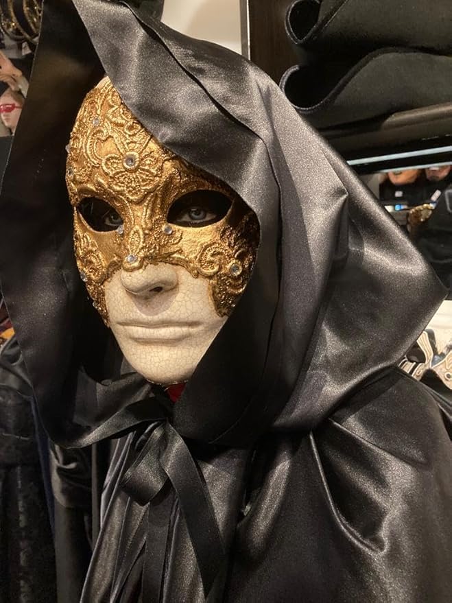 Ensemble masque yeux grands fermés et cape à capuche en satin noir - Tenue Halloween - Tenue de mascarade