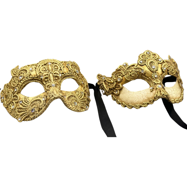 Twee luxe Venetiaanse balmaskers voor man en vrouw - van gouden kant. Maskerade maskerset voor koppels. Koppel maskers.