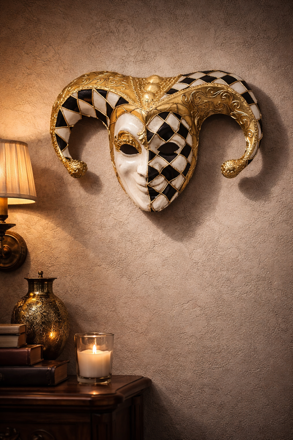Venetiaans Harlekijn Masker Goud Zwart Wit – Luxe Maskerade & Decoratie