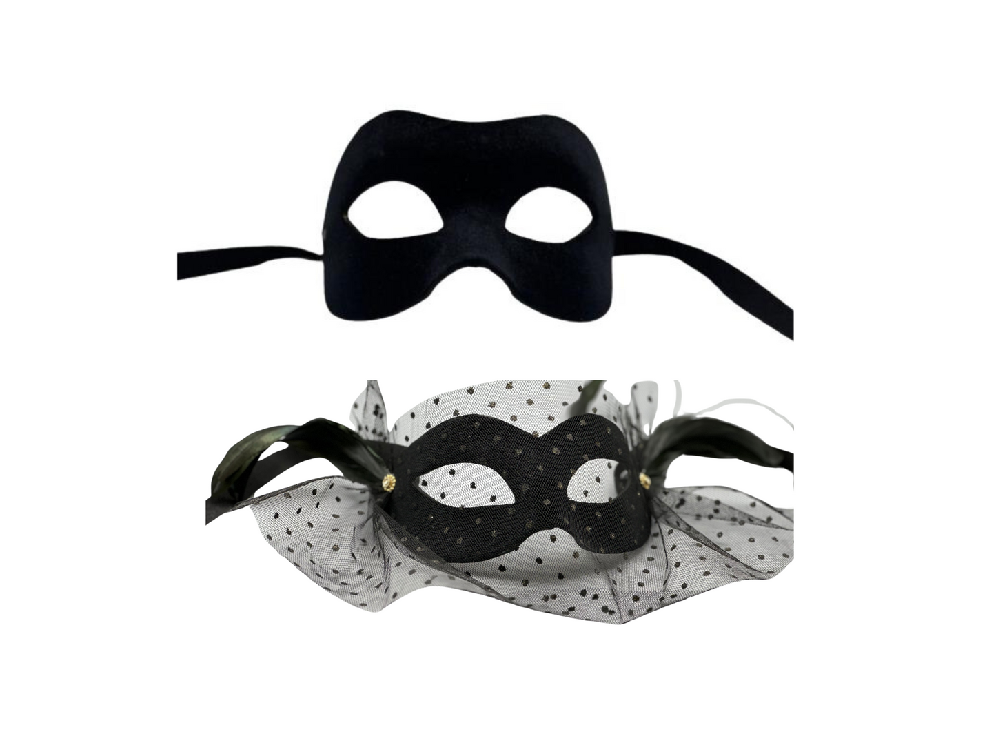 Twee Venetiaanse balmaskers - mannen- en vrouwenmasker - in zwart fluweel. Koppelmasker zwart