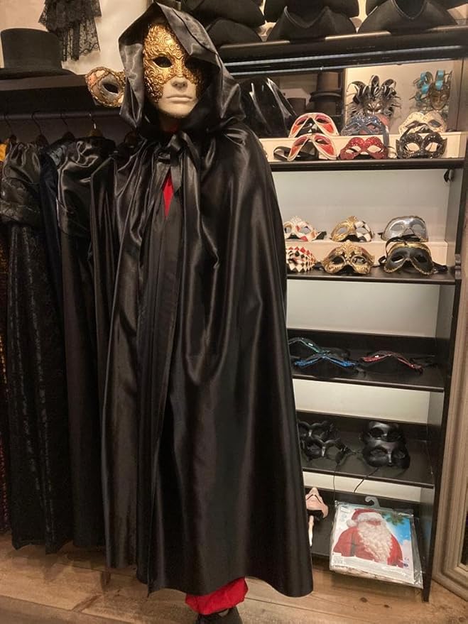 Ensemble masque yeux grands fermés et cape à capuche en satin noir - Tenue Halloween - Tenue de mascarade