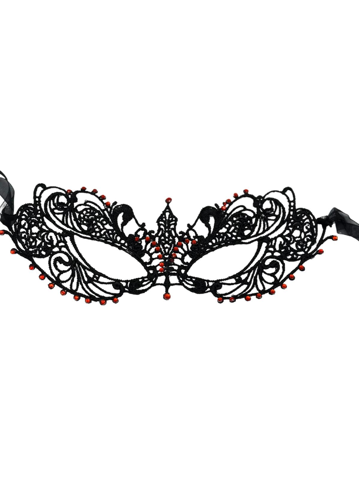 Spitzenmaske in schwarz mit roten Strasssteinen