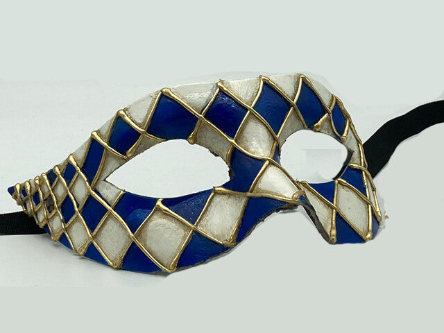 Masque vénitien Arlequin – Bleu et blanc avec détails dorés – Fait main en papier mâché