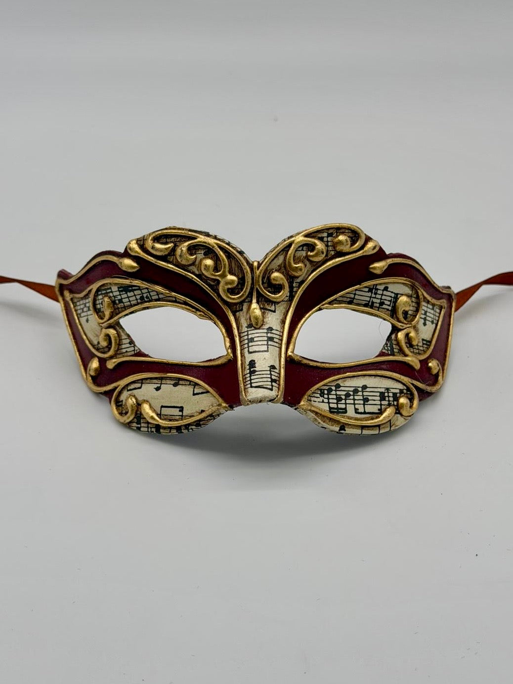 Venezianische Kindermaske – Burgunderrot & Gold mit Noten