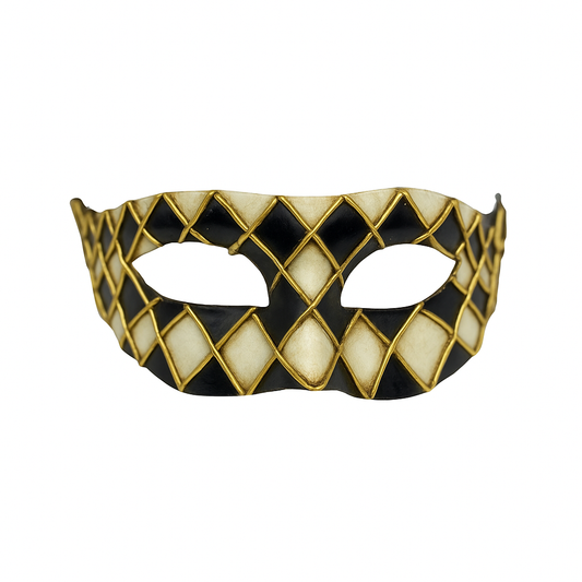 Venezianische Harlekinmaske – Schwarz &amp; Weiß mit goldenen Details – Handgemachtes Pappmaché