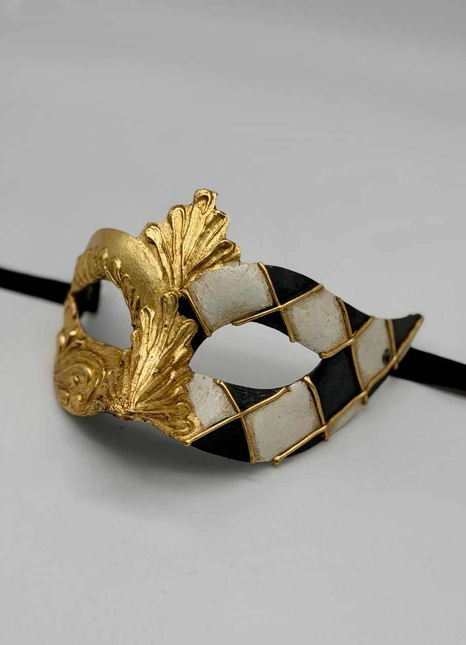 Venetian Harlequin Mask in Gold, Black & White