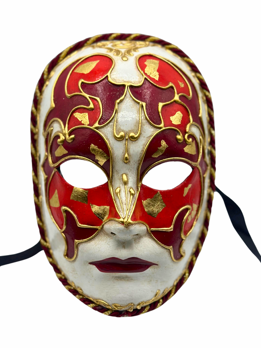 Masque vénitien fait main – Blanc, rouge et or – Masque unique pour carnaval, mascarade et Halloween