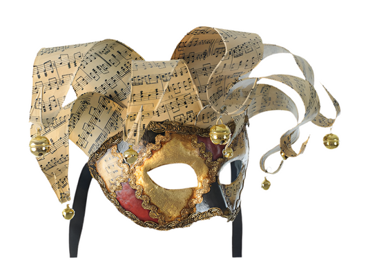 Venezianische lustige Maske mit Musiknoten und goldenen Glöckchen – handgefertigte Karnevals- und Maskenmaske