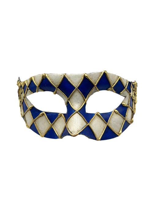 Venezianische Harlekinmaske – Blau &amp; Weiß mit goldenen Details – Handgemachtes Pappmaché