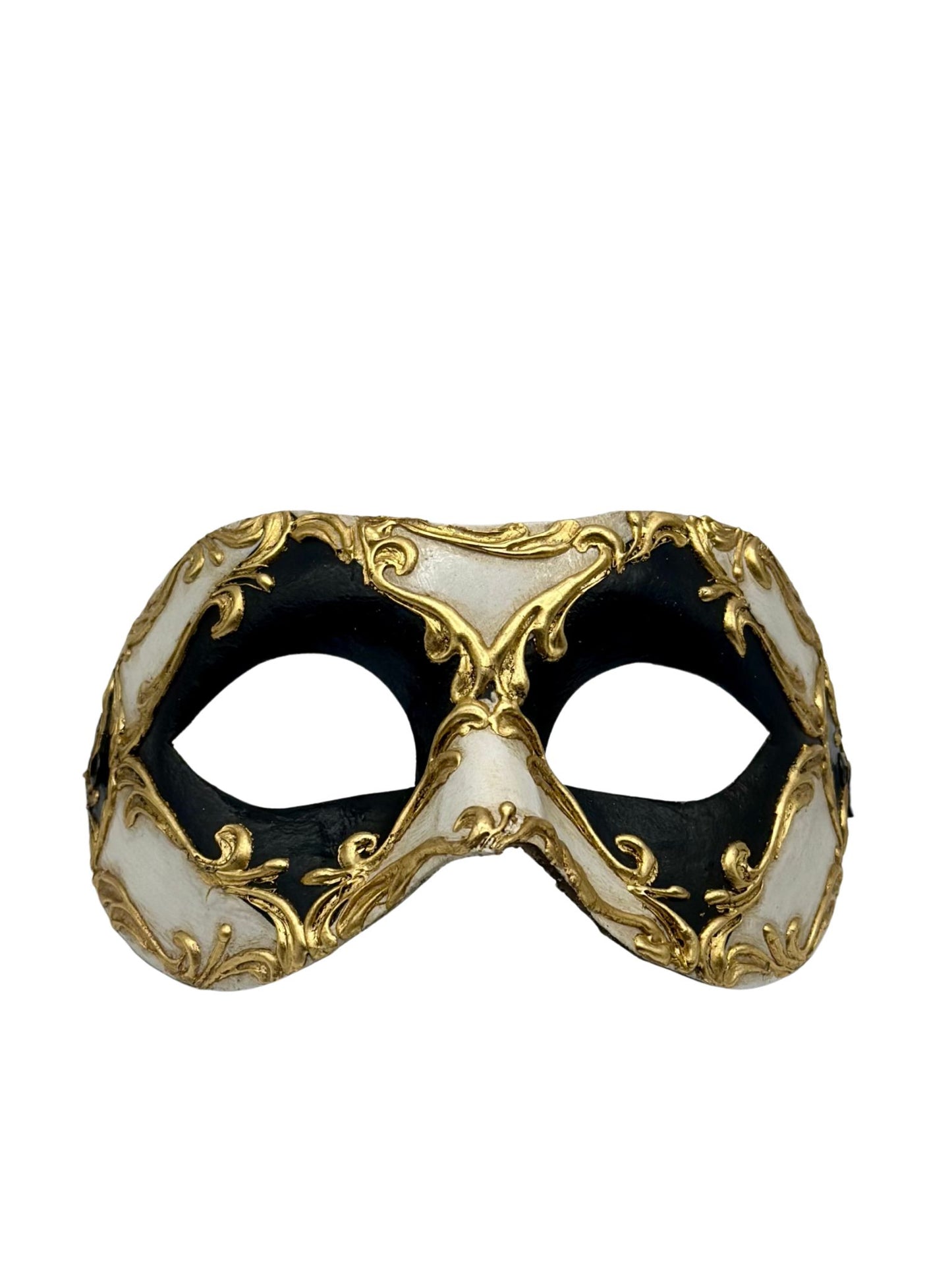 Schwarz-weiße venezianische Maske mit goldenen Barockdetails