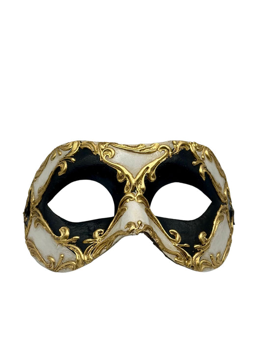 Masque vénitien noir et blanc avec détails baroques dorés