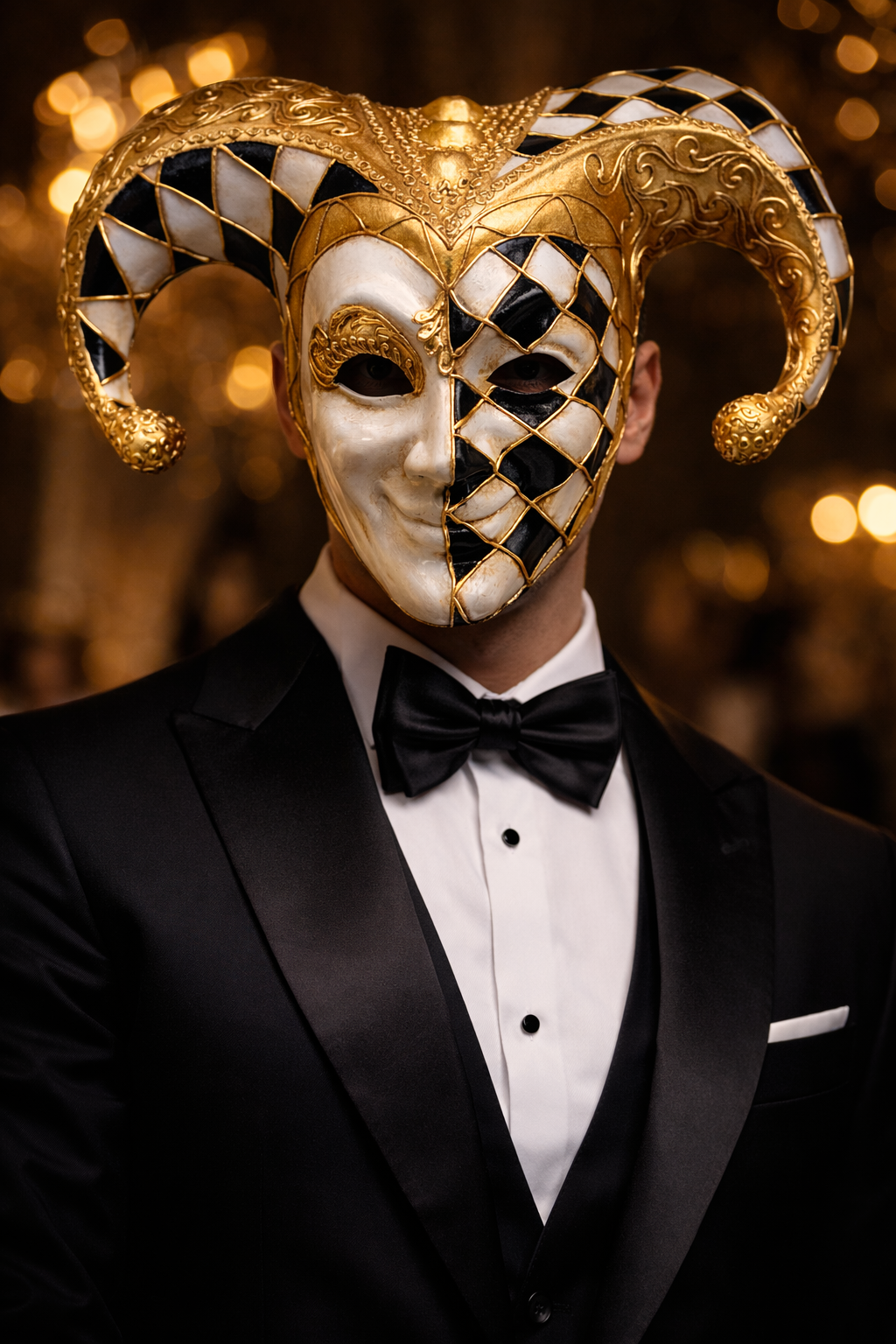 Venetiaans Harlekijn Masker Goud Zwart Wit – Luxe Maskerade & Decoratie