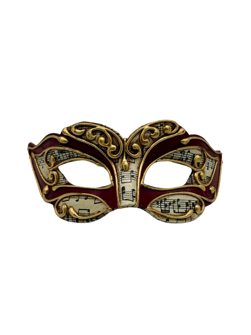 Venezianische Kindermaske – Burgunderrot & Gold mit Noten