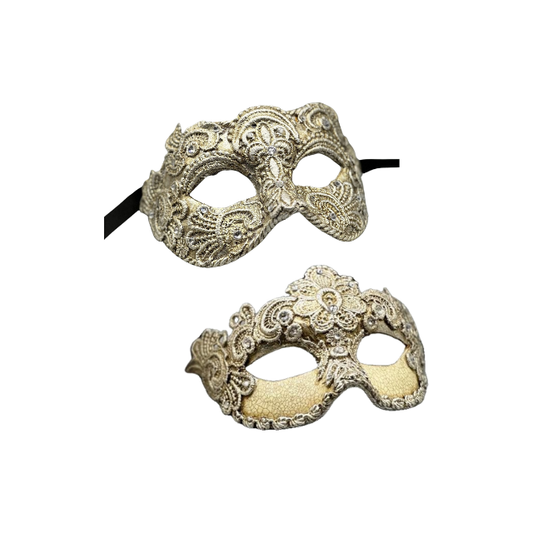 Zwei luxuriöse venezianische Ballmasken - Mann und Frau - aus silberner Spitze. Maskenset für Paare