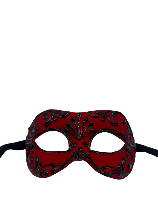Luxuriöse rote venezianische Maskenmaske für Männer – Kostümmaske mit schwarzen Barockdetails