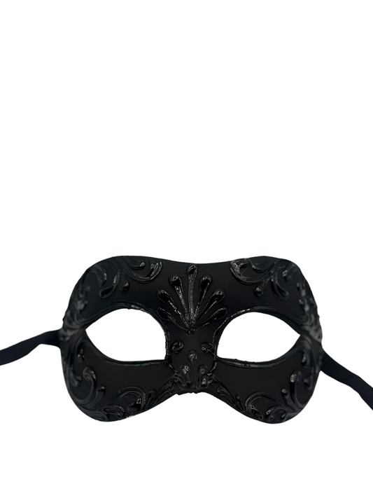 Luxuriöse schwarze venezianische Maskenmaske mit barocken Details